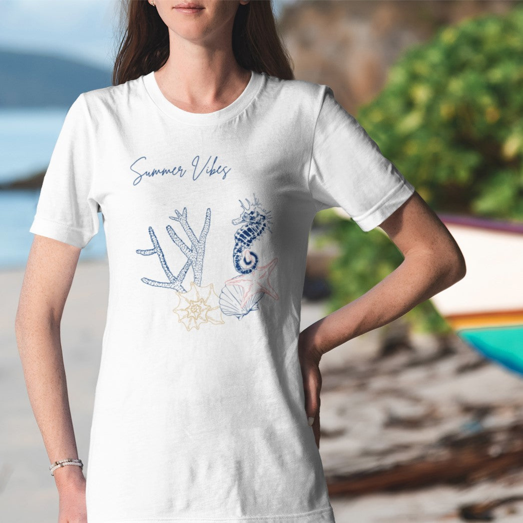 white summer t shirt, stylish and classy, sea coral design, perfect gift for friend, 