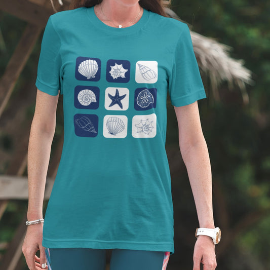 blue stylish t shirt for women, sea shells design, gift for mom, present for  girlfriend